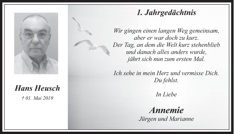  Traueranzeige für Hans Heusch vom 30.04.2020 aus  Werbepost 