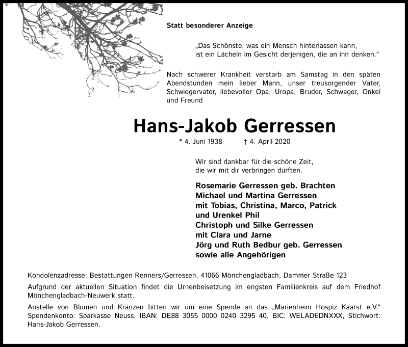 Traueranzeige für Hans-Jakob Gerressen vom 11.04.2020 aus Kölner Stadt-Anzeiger / Kölnische Rundschau / Express