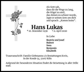 Anzeige von Hans Lukas von Kölner Stadt-Anzeiger / Kölnische Rundschau / Express