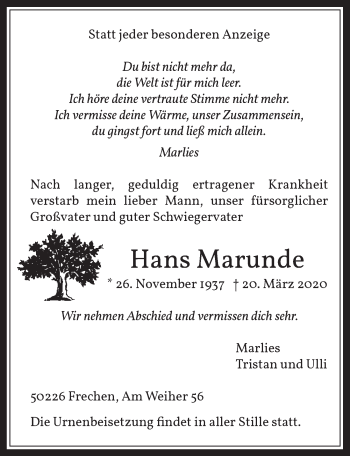 Anzeige von Hans Marunde von  Wochenende 