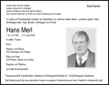 Anzeige von Hans Merl von Kölner Stadt-Anzeiger / Kölnische Rundschau / Express