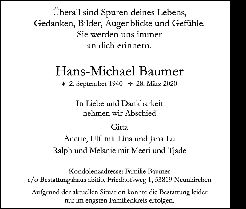  Traueranzeige für Hans-Michael Baumer vom 04.04.2020 aus Kölner Stadt-Anzeiger / Kölnische Rundschau / Express