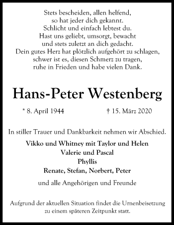 Anzeige von Hans-Peter Westenberg von Kölner Stadt-Anzeiger / Kölnische Rundschau / Express