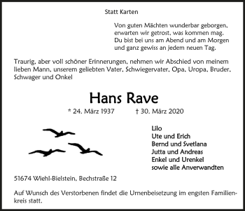Anzeige von Hans Rave von  Anzeigen Echo 