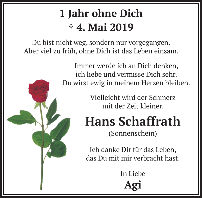  Traueranzeige für Hans Schaffrath vom 30.04.2020 aus  Schlossbote/Werbekurier 