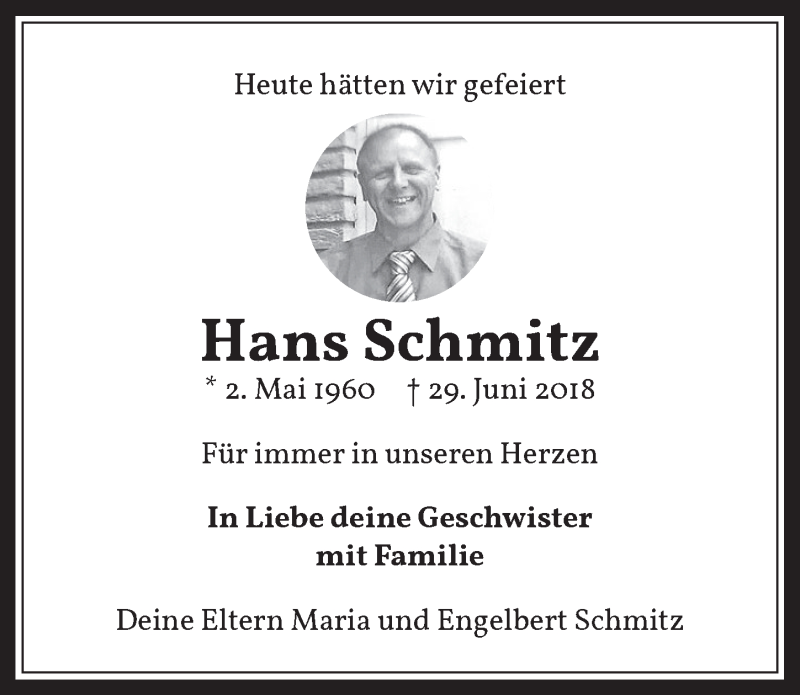  Traueranzeige für Hans Schmitz vom 30.04.2020 aus  Wochenende 