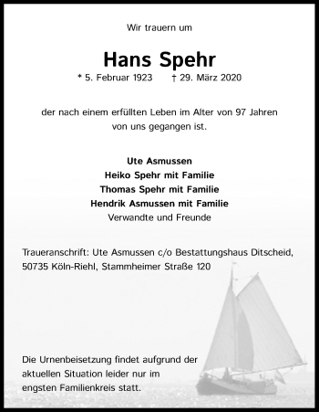 Anzeige von Hans Spehr von Kölner Stadt-Anzeiger / Kölnische Rundschau / Express