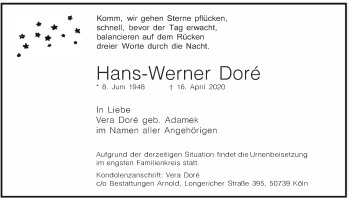 Anzeige von Hans-Werner Doré von Kölner Stadt-Anzeiger / Kölnische Rundschau / Express