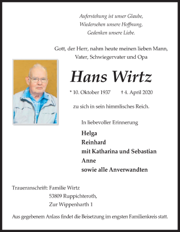 Anzeige von Hans Wirtz von Kölner Stadt-Anzeiger / Kölnische Rundschau / Express