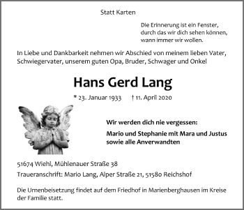 Anzeige von Hans Gerd Lang von  Anzeigen Echo 