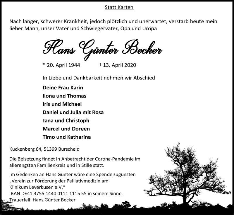  Traueranzeige für Hans Günter Becker vom 18.04.2020 aus Kölner Stadt-Anzeiger / Kölnische Rundschau / Express