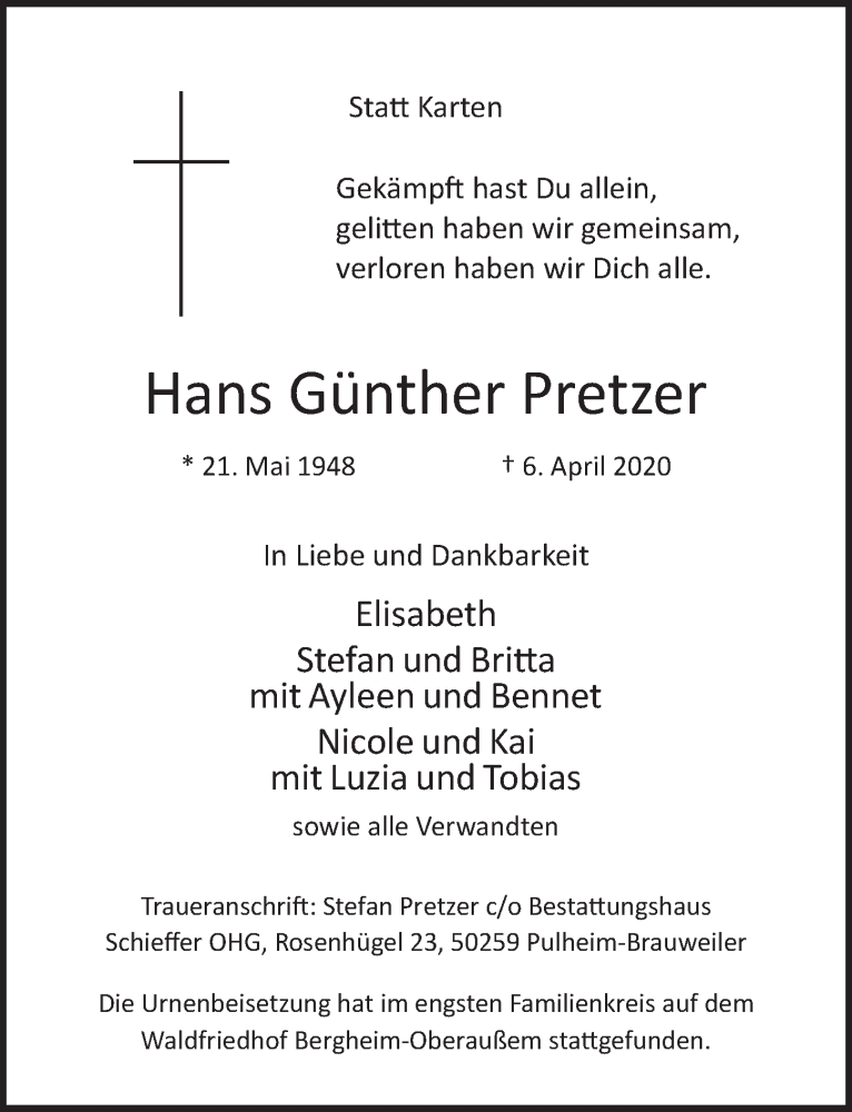  Traueranzeige für Hans Günther Pretzer vom 17.04.2020 aus  Werbepost 