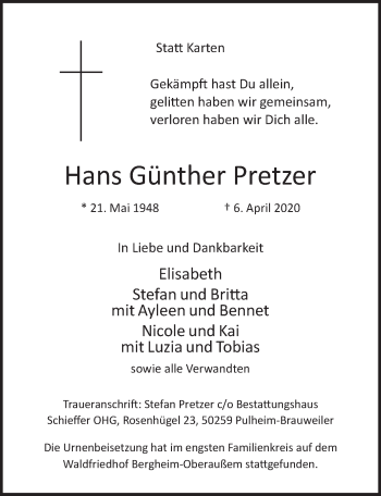 Anzeige von Hans Günther Pretzer von  Werbepost 