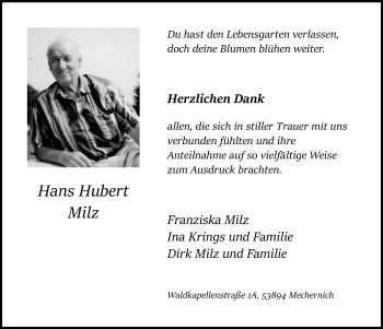 Anzeige von Hans Hubert Milz von  Blickpunkt Euskirchen 