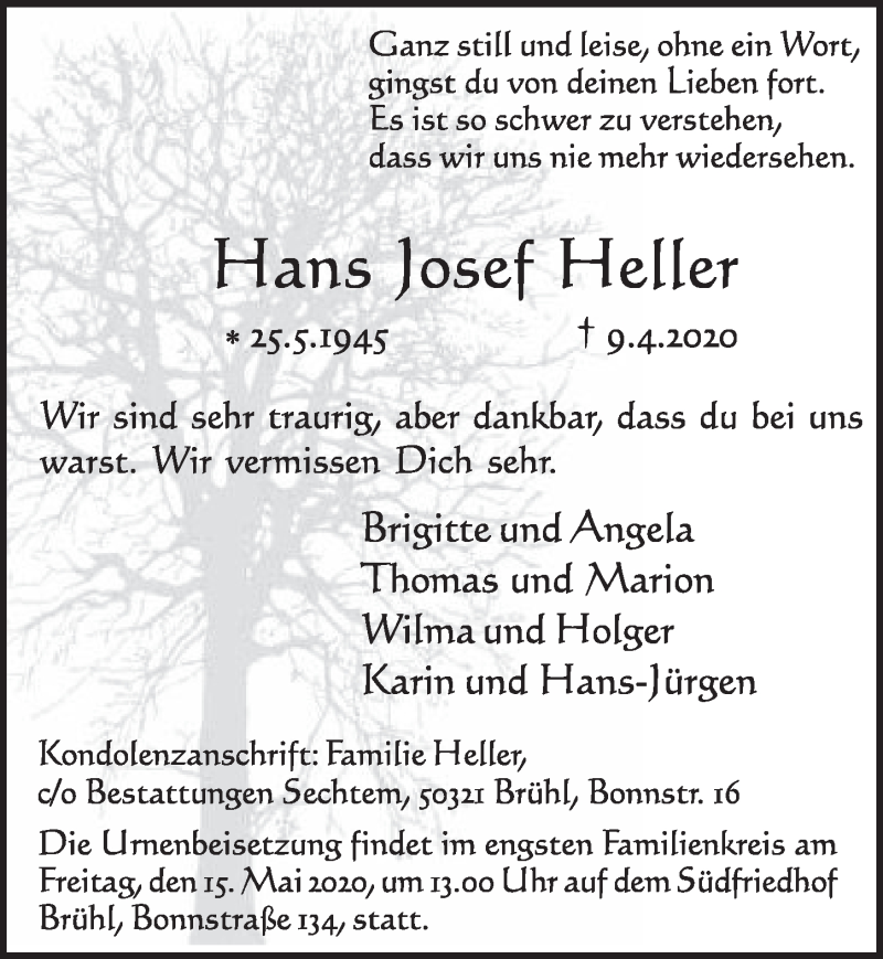  Traueranzeige für Hans Josef Heller vom 30.04.2020 aus  Schlossbote/Werbekurier 