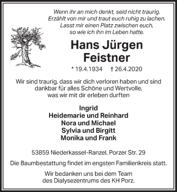 Anzeige von Hans Jürgen Feistner von  Kölner Wochenspiegel  Extra Blatt 