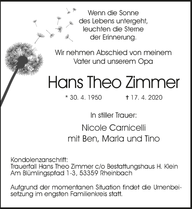  Traueranzeige für Hans Theo Zimmer vom 24.04.2020 aus  Schaufenster/Blickpunkt 