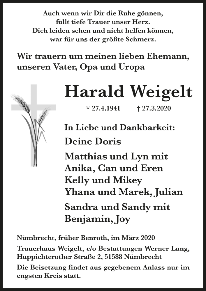  Traueranzeige für Harald Weigelt vom 03.04.2020 aus  Lokalanzeiger 