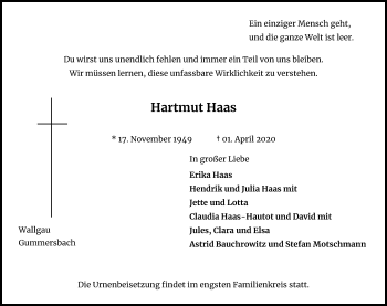 Anzeige von Hartmut Haas von Kölner Stadt-Anzeiger / Kölnische Rundschau / Express