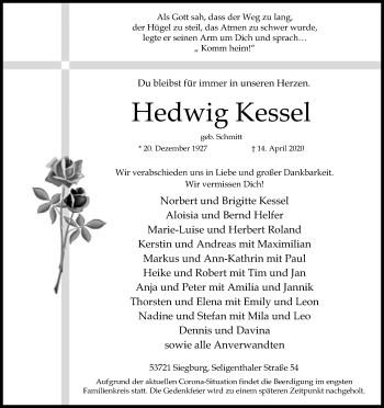 Anzeige von Hedwig Kessel von Kölner Stadt-Anzeiger / Kölnische Rundschau / Express