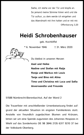 Anzeige von Heidi Schrobenhauser von Kölner Stadt-Anzeiger / Kölnische Rundschau / Express