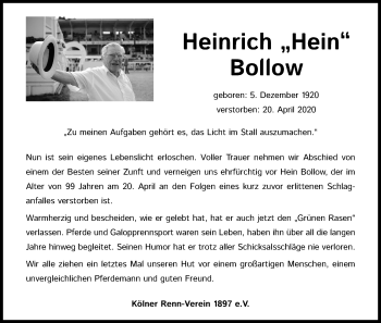 Anzeige von Heinrich Bollow von Kölner Stadt-Anzeiger / Kölnische Rundschau / Express