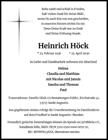 Anzeige von Heinrich Höck von Kölner Stadt-Anzeiger / Kölnische Rundschau / Express