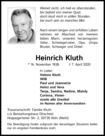 Anzeige von Heinrich Kluth von Kölner Stadt-Anzeiger / Kölnische Rundschau / Express