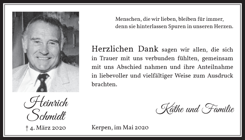  Traueranzeige für Heinrich Schmidt vom 30.04.2020 aus  Werbepost 
