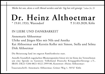Anzeige von Heinz Althoetmar von Kölner Stadt-Anzeiger / Kölnische Rundschau / Express