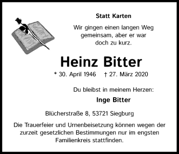 Anzeige von Heinz Bitter von Kölner Stadt-Anzeiger / Kölnische Rundschau / Express