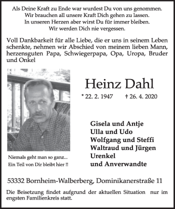 Anzeige von Heinz Dahl von  Schlossbote/Werbekurier 