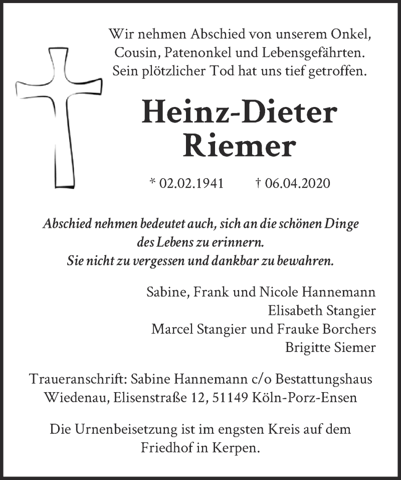  Traueranzeige für Heinz-Dieter Riemer vom 30.04.2020 aus  Kölner Wochenspiegel 