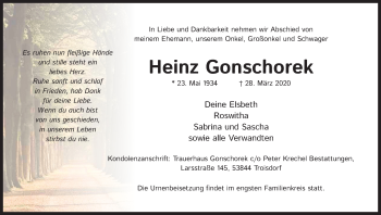 Anzeige von Heinz Gonschorek von Kölner Stadt-Anzeiger / Kölnische Rundschau / Express