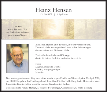 Anzeige von Heinz Hensen von  Werbepost 