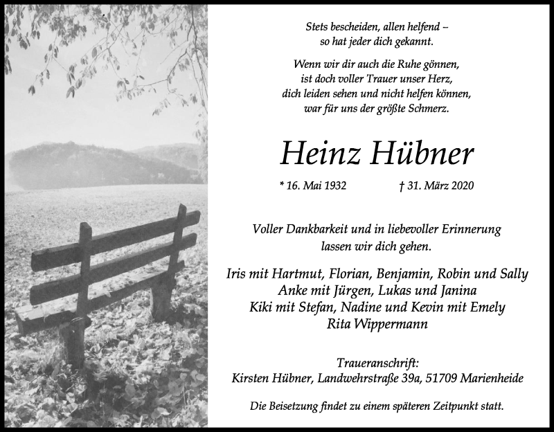  Traueranzeige für Heinz Hübner vom 18.07.2023 aus Kölner Stadt-Anzeiger / Kölnische Rundschau / Express