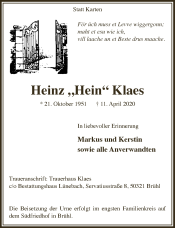 Anzeige von Heinz Klaes von  Schlossbote/Werbekurier 