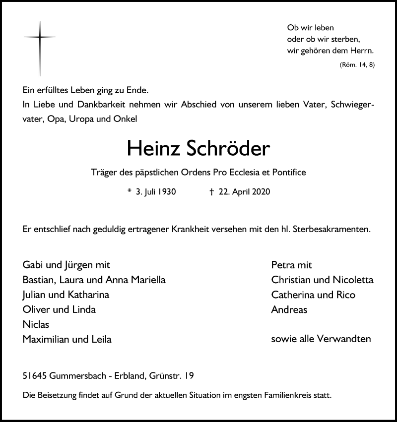 Traueranzeige für Heinz Schröder vom 29.04.2020 aus Kölner Stadt-Anzeiger / Kölnische Rundschau / Express