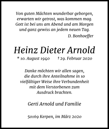 Anzeige von Heinz Dieter Arnold von Kölner Stadt-Anzeiger / Kölnische Rundschau / Express