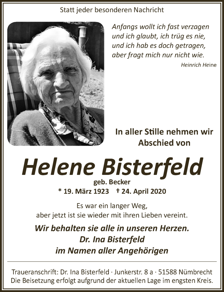  Traueranzeige für Helene Bisterfeld vom 30.04.2020 aus  Lokalanzeiger 