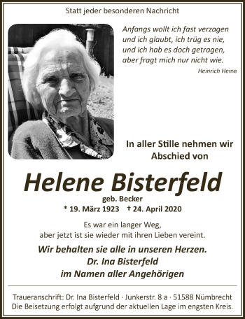 Anzeige von Helene Bisterfeld von  Lokalanzeiger 