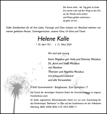 Anzeige von Helene Kalle von Kölner Stadt-Anzeiger / Kölnische Rundschau / Express