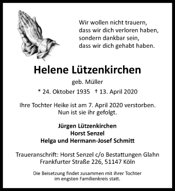Anzeige von Helene Lützenkirchen von  Kölner Wochenspiegel 