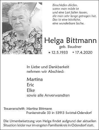 Anzeige von Helga Bittmann von  Schaufenster/Blickpunkt 