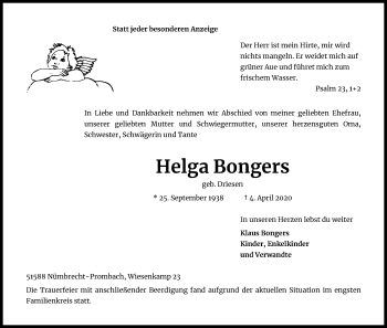 Anzeige von Helga Bongers von Kölner Stadt-Anzeiger / Kölnische Rundschau / Express