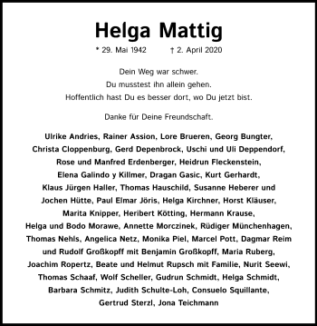 Anzeige von Helga Mattig von Kölner Stadt-Anzeiger / Kölnische Rundschau / Express