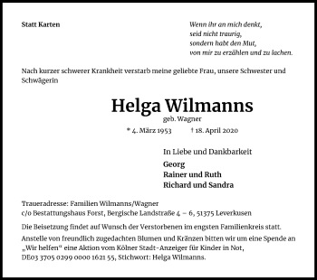 Anzeige von Helga Wilmanns von Kölner Stadt-Anzeiger / Kölnische Rundschau / Express