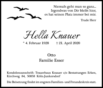Anzeige von Hella Knauer von Kölner Stadt-Anzeiger / Kölnische Rundschau / Express