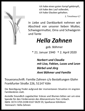 Anzeige von Hella Zahnen von  Kölner Wochenspiegel 