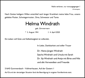Anzeige von Helma Windrath von Kölner Stadt-Anzeiger / Kölnische Rundschau / Express